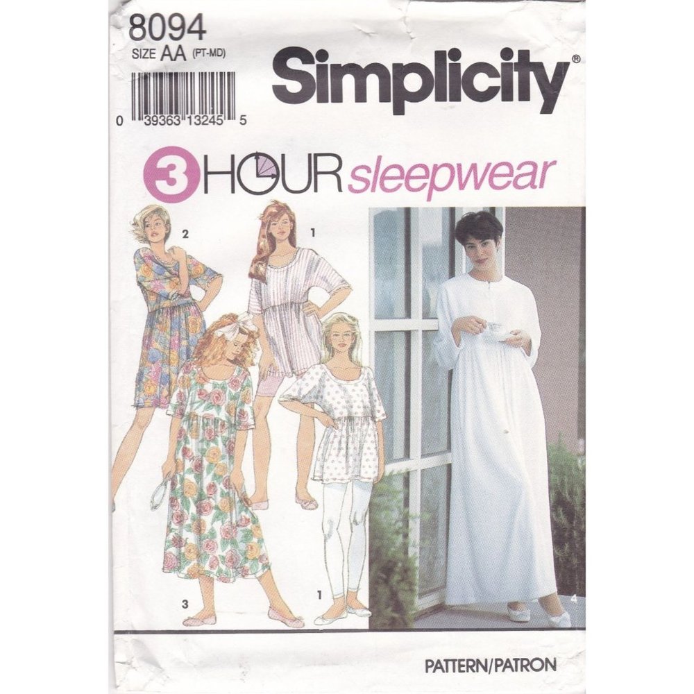 UNCUT Vintage Sewing PATTERN Simplicity 8094, 3 Hour Sleepwear 1992 Misses